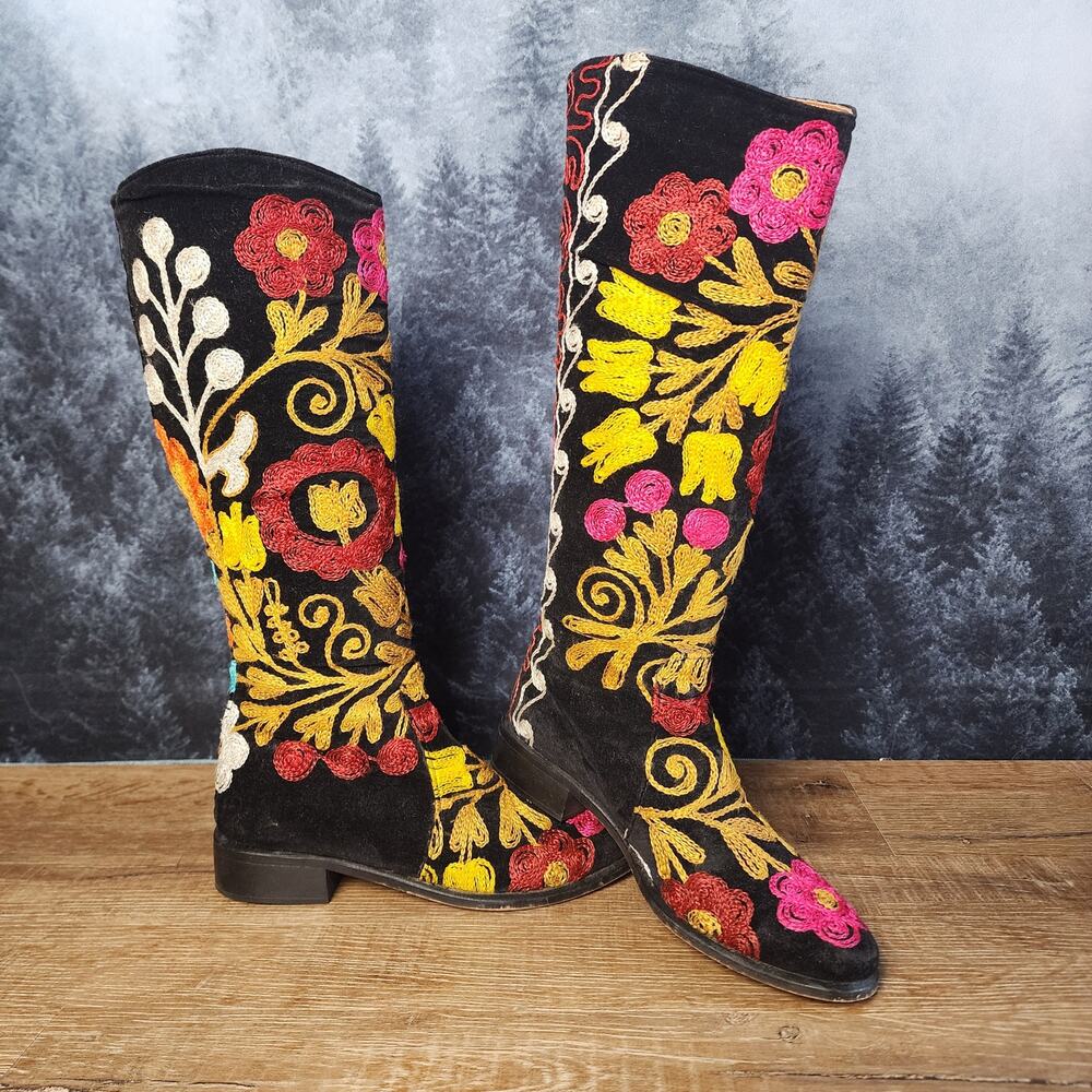 Unbranded Embroidered Mid-Calf Black Floral Riding Boots | Women's 35 (US 7)
